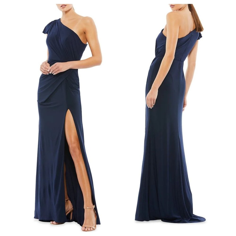 Mac Duggal One-Shoulder Draped Jersey Sheath Gown Navy